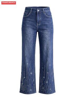 Rhinestone Embellished High Rise Wide Leg Stretchy Denim Jeans